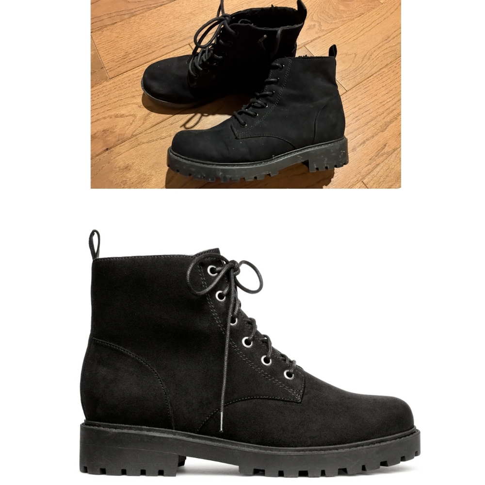 H&M Divided Women Biker Combat Boots Black Faux Suede Lace Up Lug Sole Boot 6